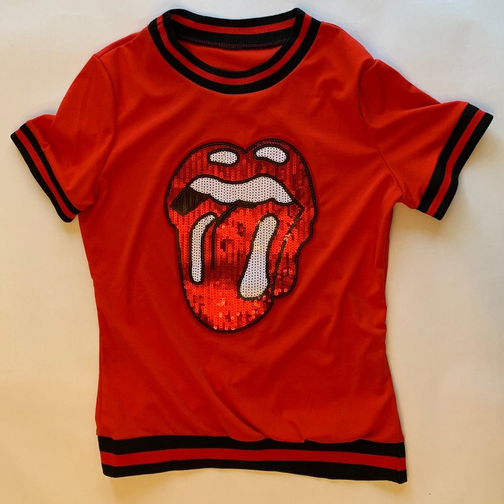Unique Rolling Stones Glitter Logo Top Woman's SM